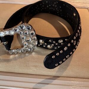 Studded Black Velvet Belt with Silver & Rhinestone Accents